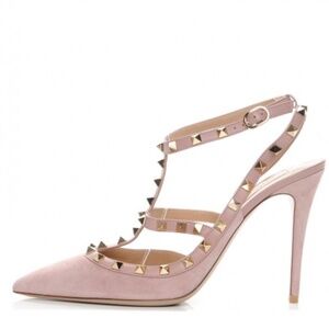 New Valentino Pink Suede Gold Rockstud 100mm 4 Inch Pumps Sz 39 (US 8-9)